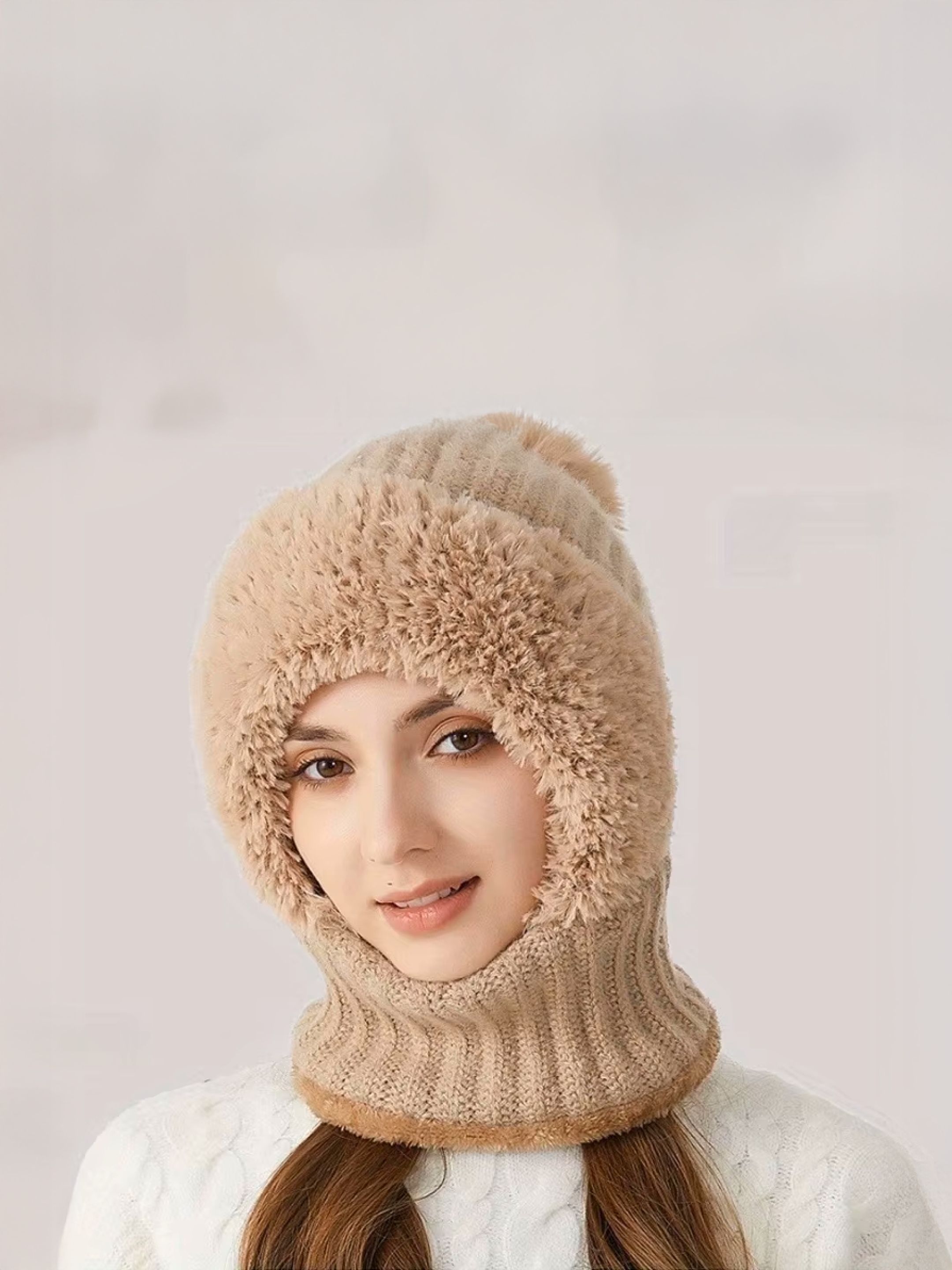 3-in-1 Winter Beanie Hat - Beige - Front