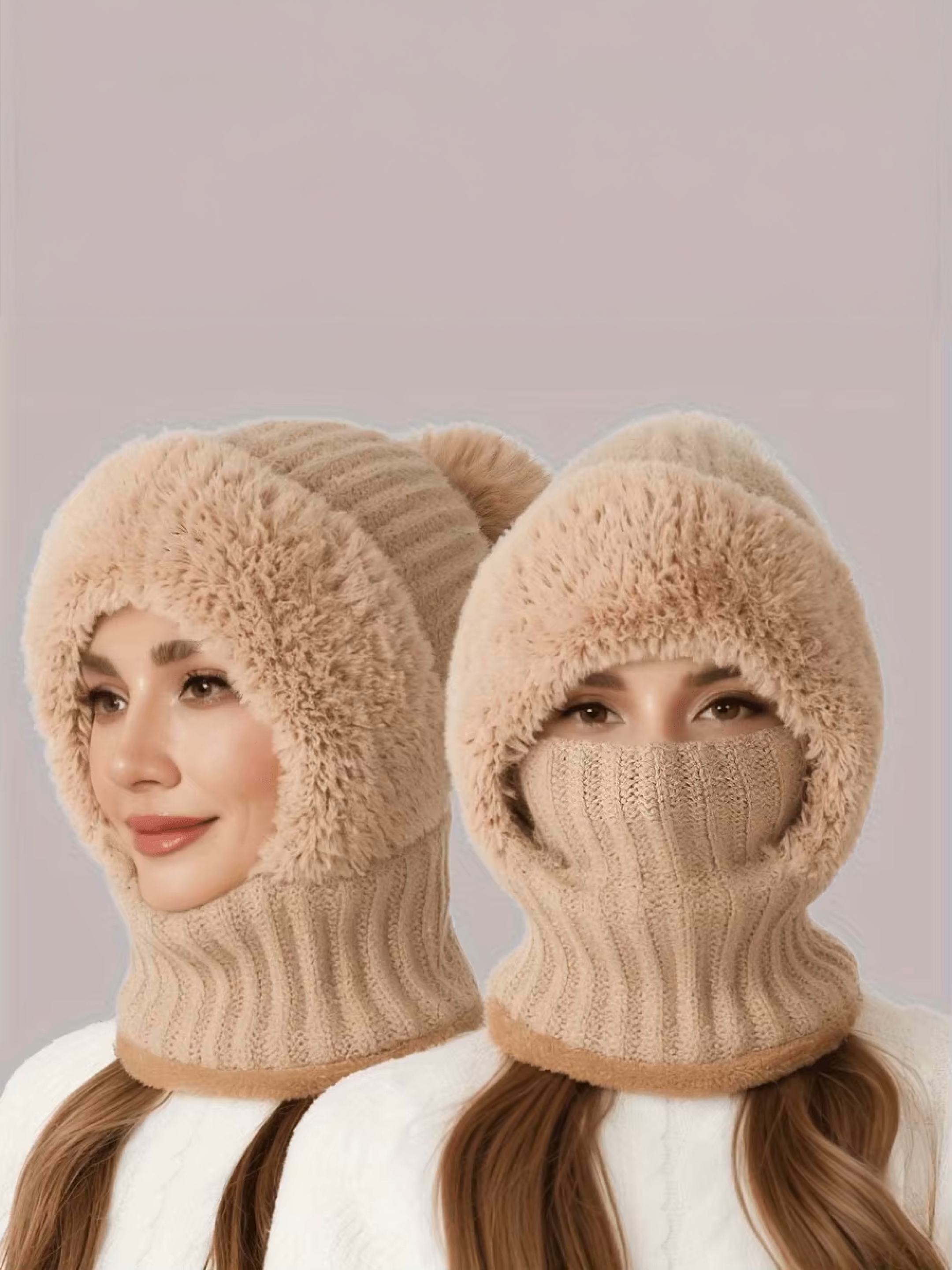 3-in-1 Winter Beanie Hat in Beige