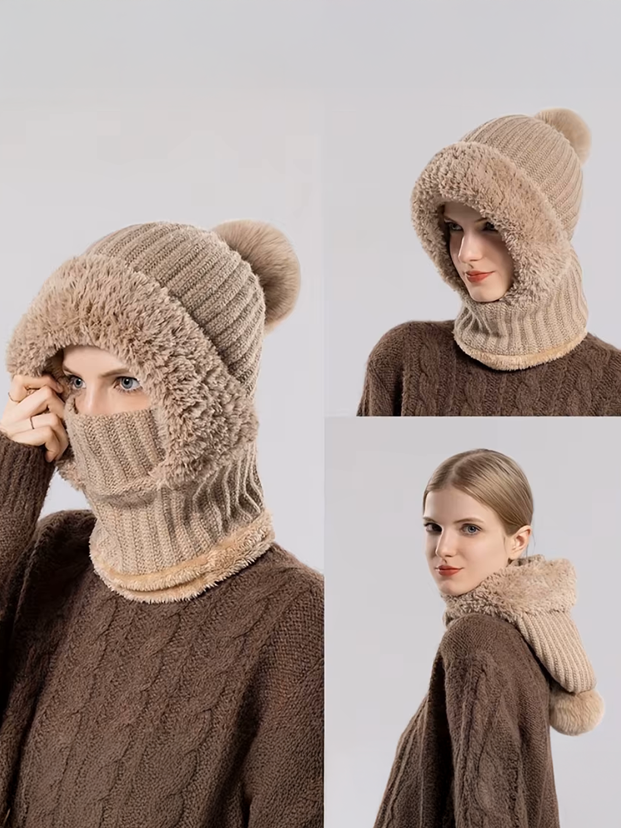 3-in-1 Winter Beanie Hat in Khaki 