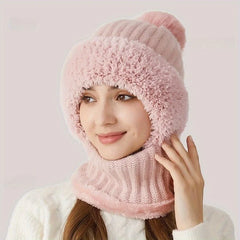 Black fleece-lined winter beanie hat worn as face mask and neck warmer, shown in three configurations on model