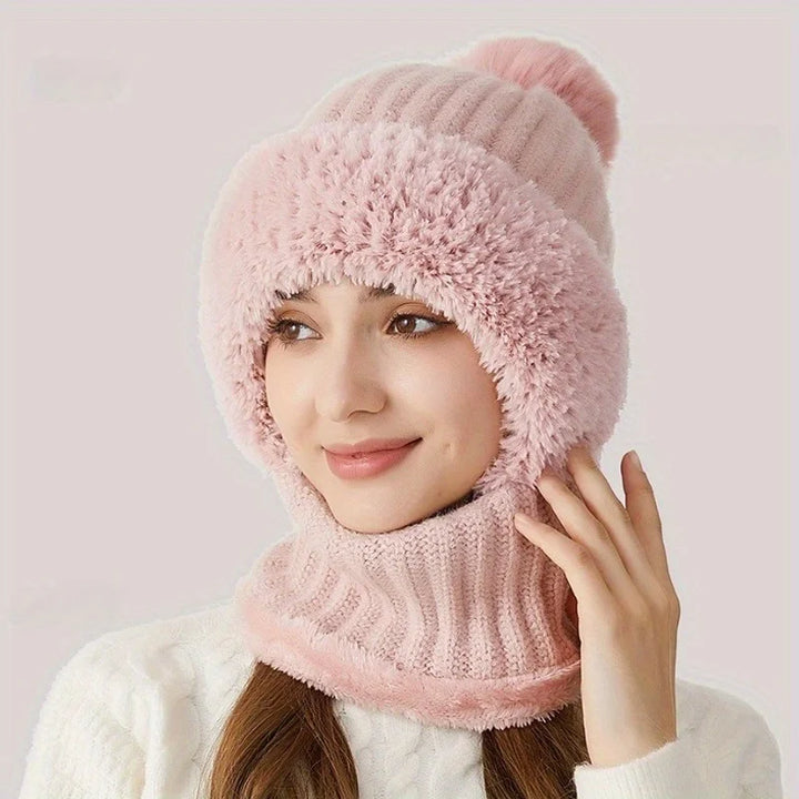 Black fleece-lined winter beanie hat worn as face mask and neck warmer, shown in three configurations on model