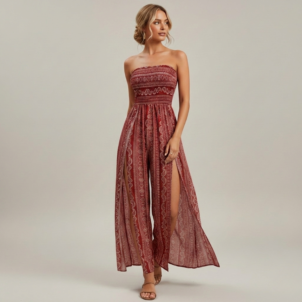 Boho Strapless Wide Leg Jumpsuit