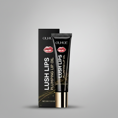 Clear glass bottle of Lush Lips Serum Oil with gold cap and hyaluronic acid formula, displayed on neutral background