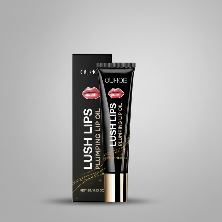 Clear glass bottle of Lush Lips Serum Oil with gold cap and hyaluronic acid formula, displayed on neutral background