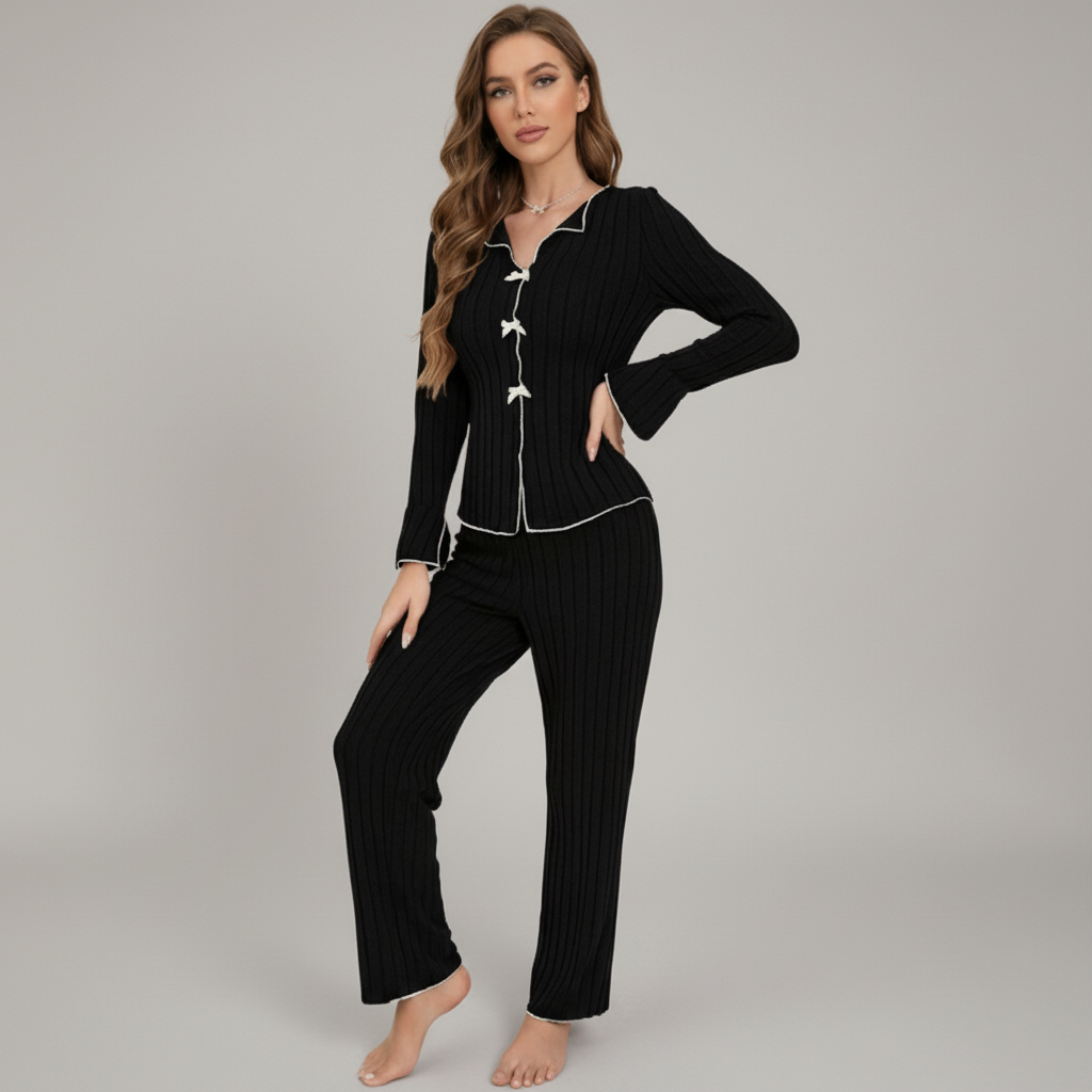 Woman wearing soft ribbed knit pajama set in relaxed fit, showcasing textured fabric detail