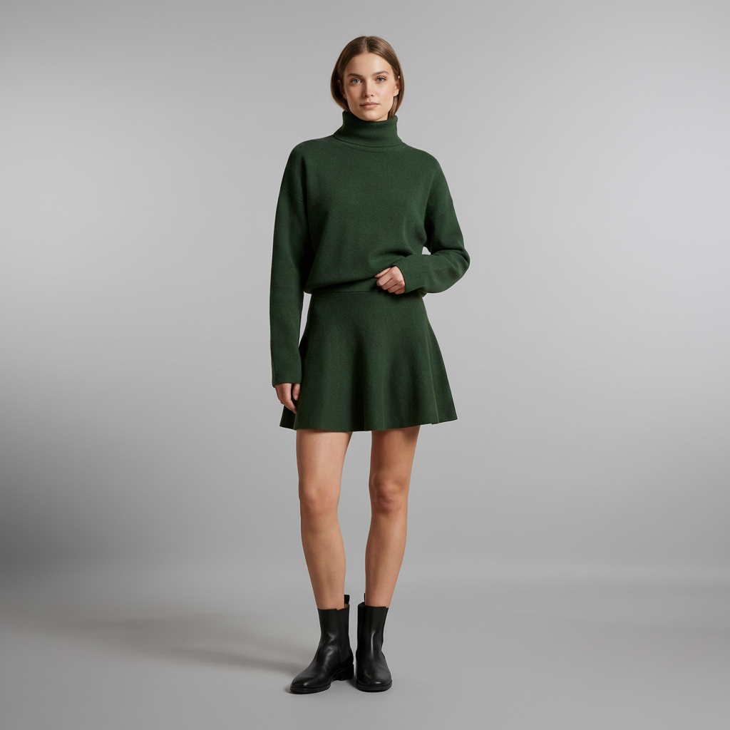 Woman in fitted short dress with cinched waist detail, soft polyester fabric, neutral tone