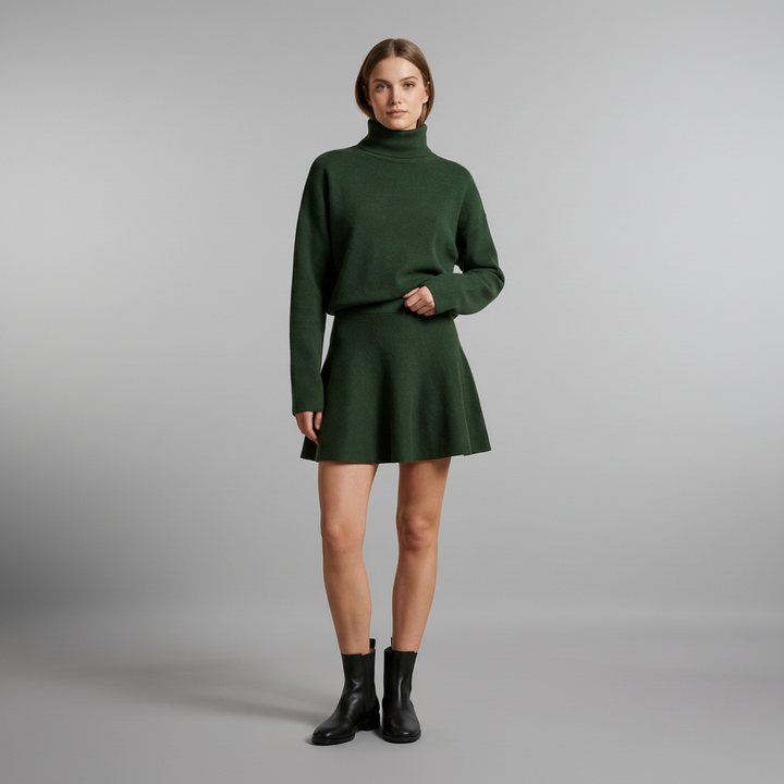 Woman in fitted short dress with cinched waist detail, soft polyester fabric, neutral tone