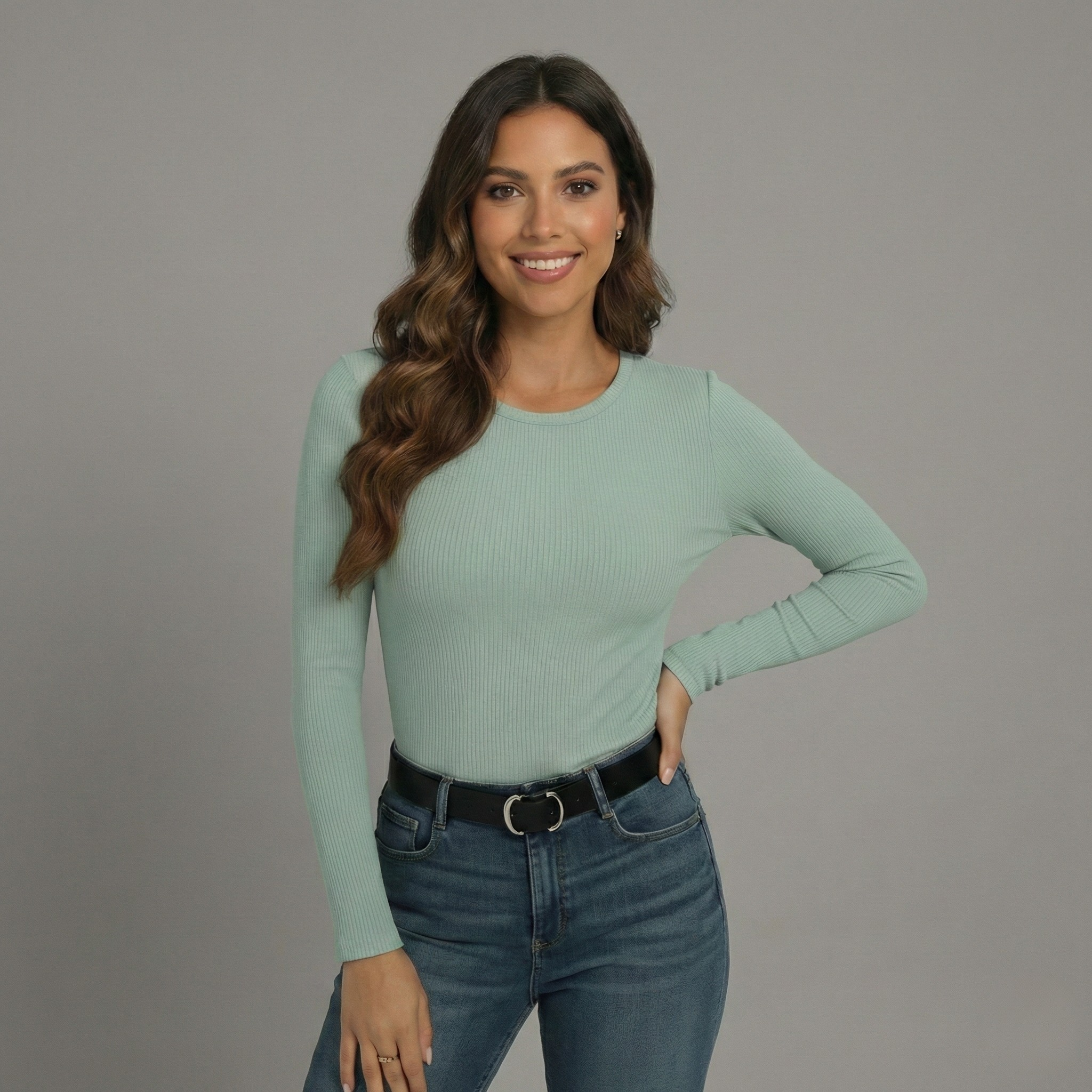 Long Sleeve Crew Neck Ribbed Top - back view