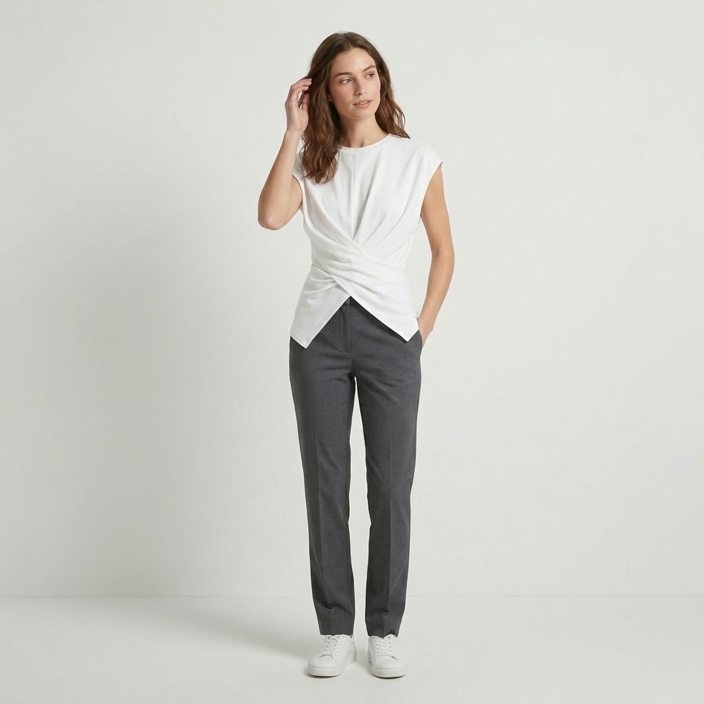 Woman in cream ruched knit top with drop shoulders and cross-tie back detail, soft ribbed texture