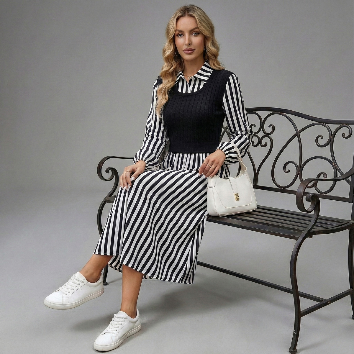 Striped Layred Midi Dress - styled look