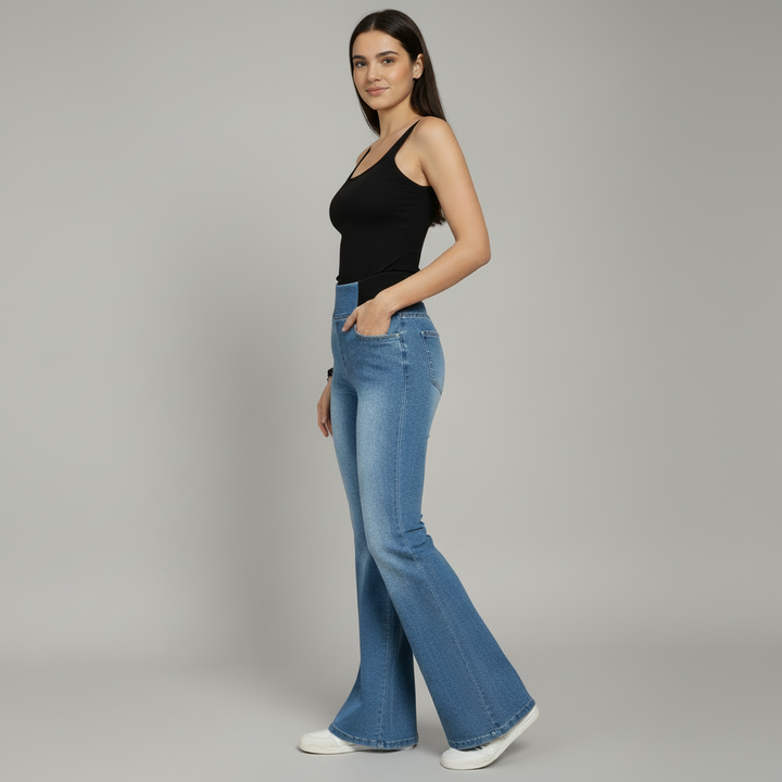 Elastic Waist Bell Bottom Jeans - detail view