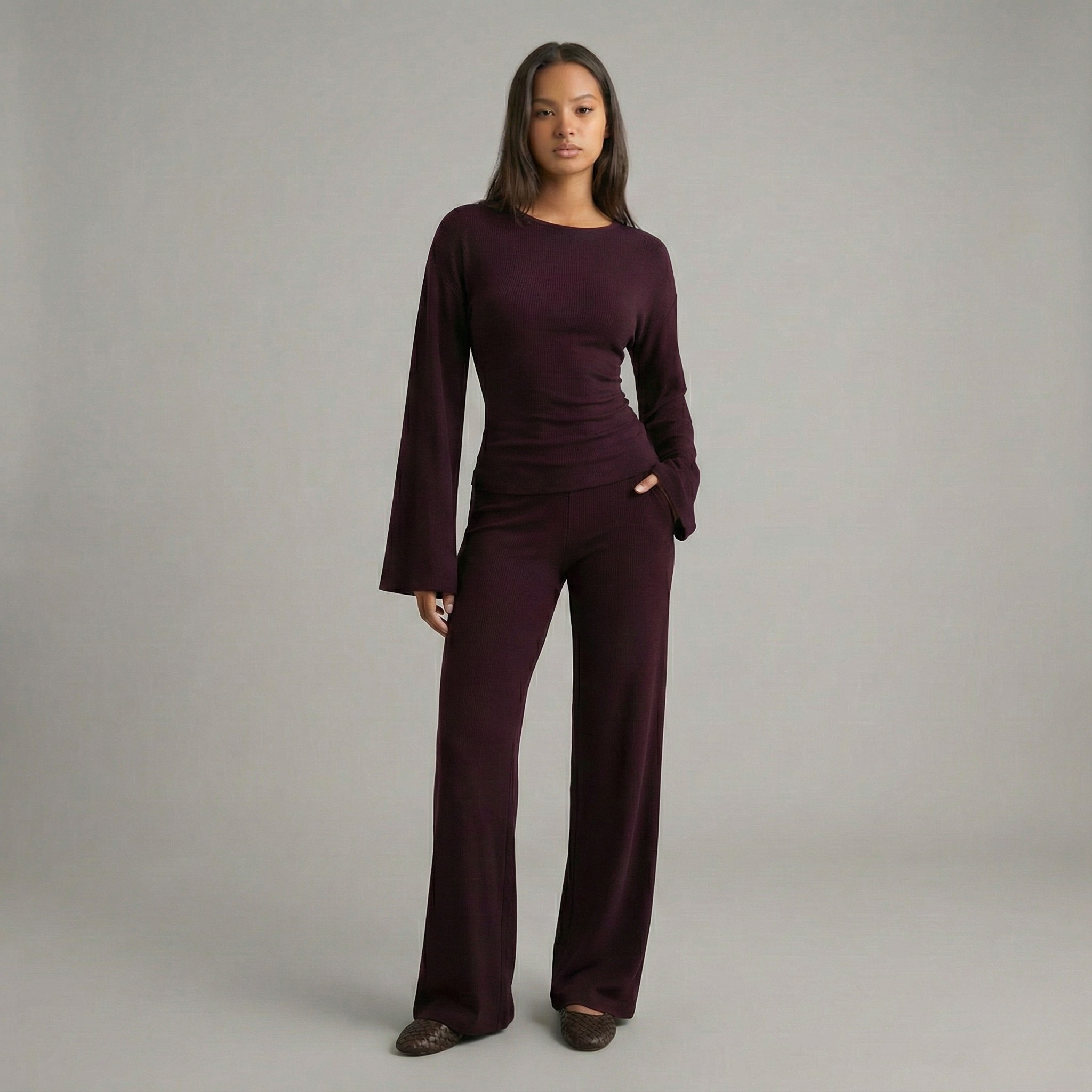 Round Neck Flare Sleeve Top & Bottom Set