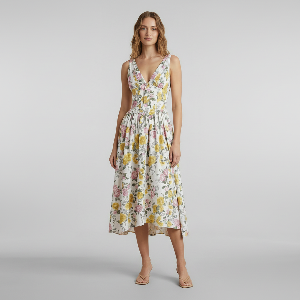 Woman in black deep v-neck midi tank dress, fluid silhouette, minimalist styling, natural light