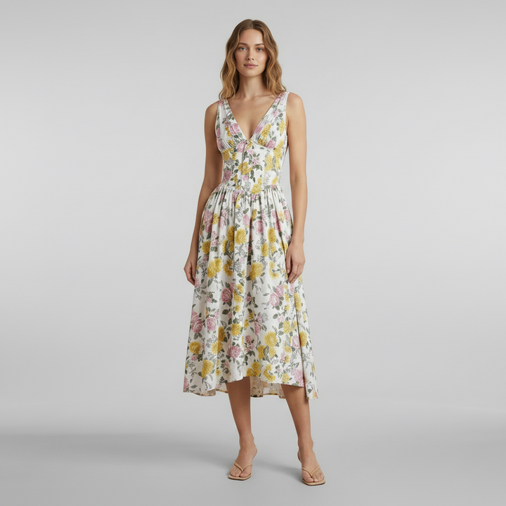 Woman in black deep v-neck midi tank dress, fluid silhouette, minimalist styling, natural light