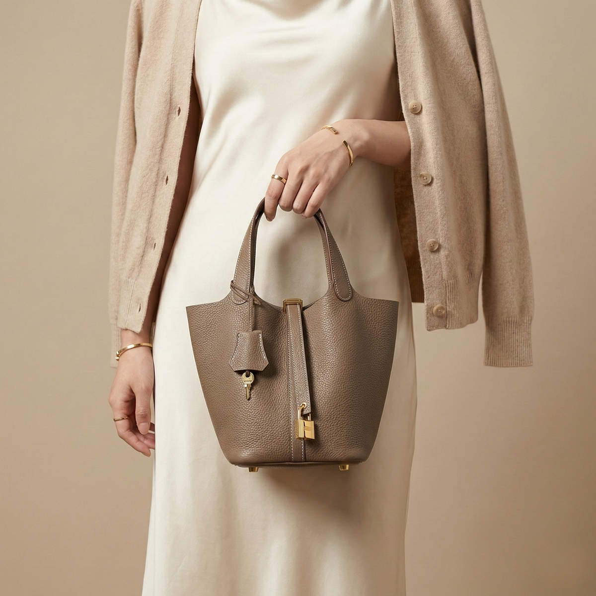 Modern Leather Basket Handbag - close-up