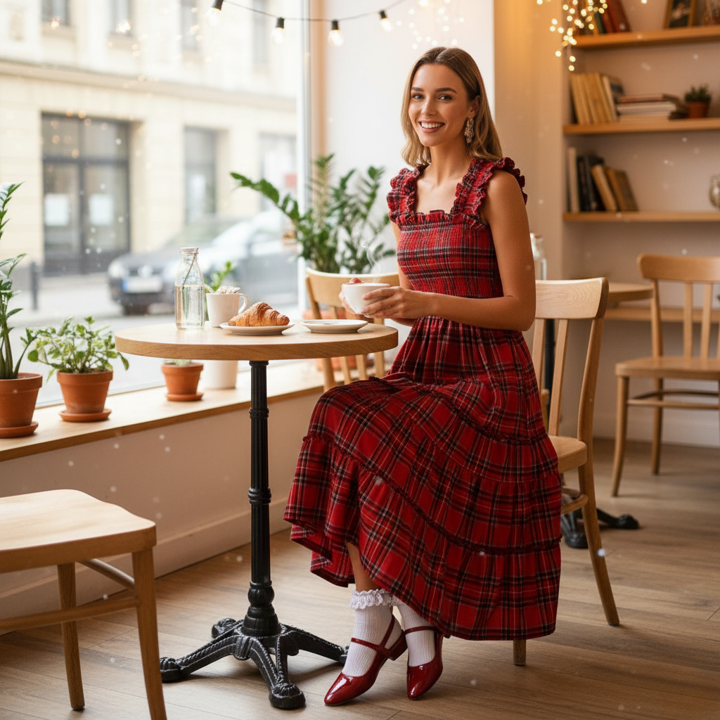 Aerielle Christmas Maxi Dress for Women - Red - Front 