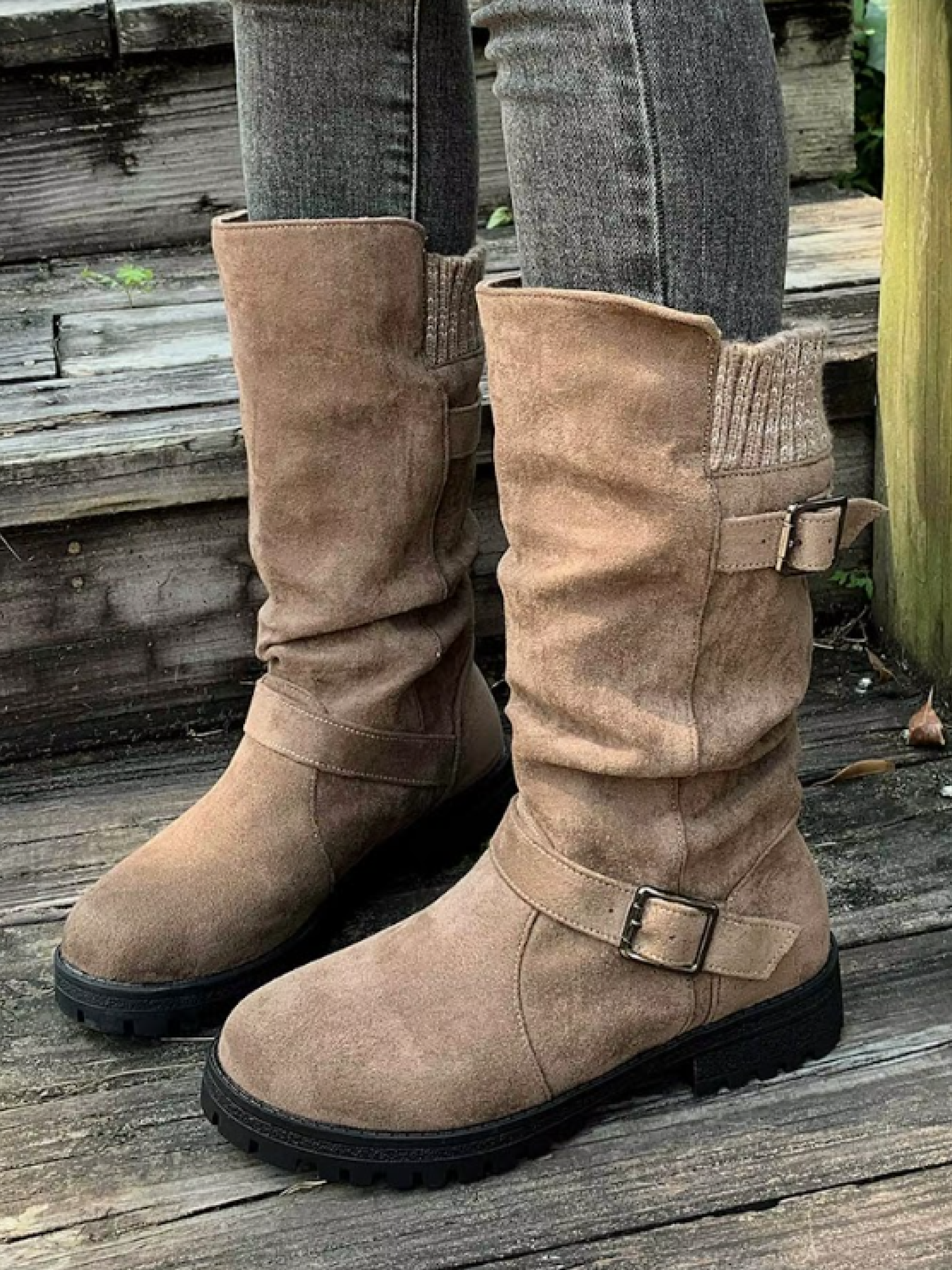Beige Variant of Knit Cuff Buckle Boot
