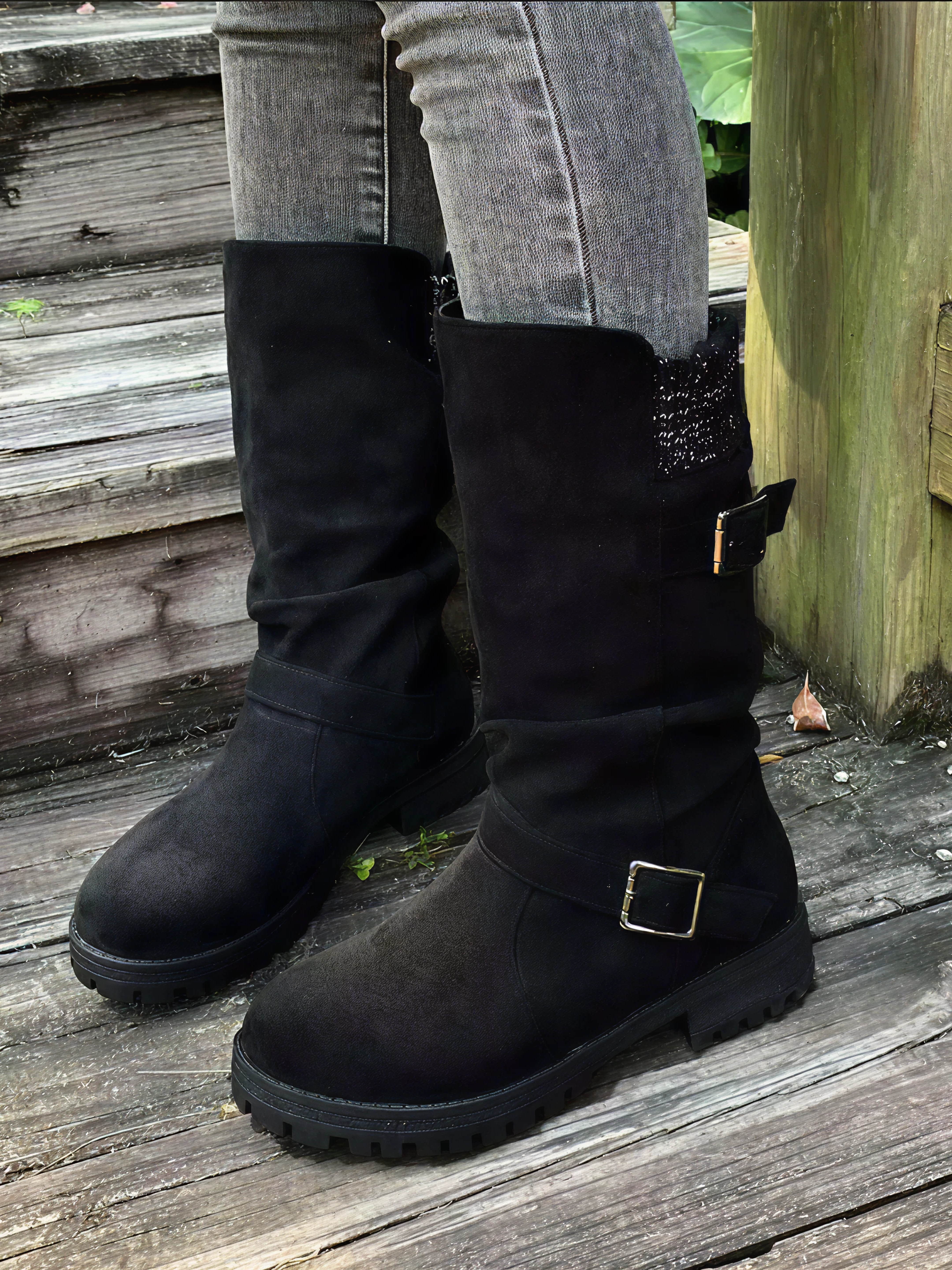 Black Variant of Knit Cuff Buckle Boot