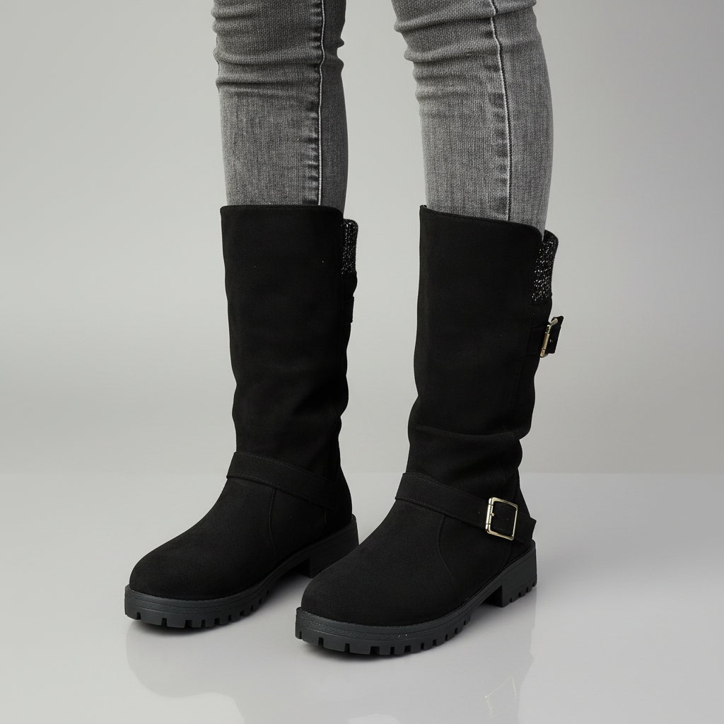 Black buckle boot with knit cuff detail, ankle-wrap silhouette, durable leather construction