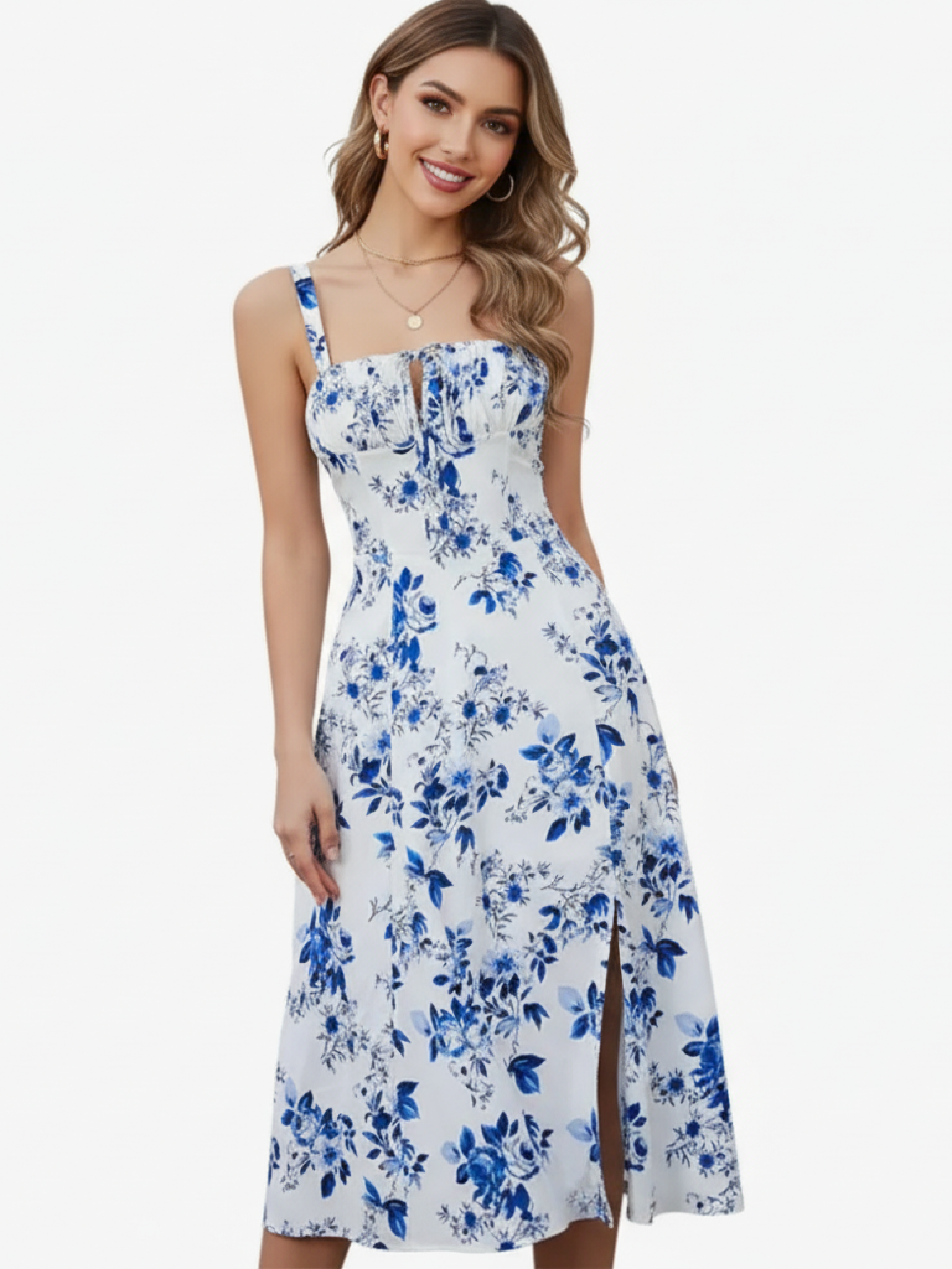 Blue floral Lace-up Suspender Dress