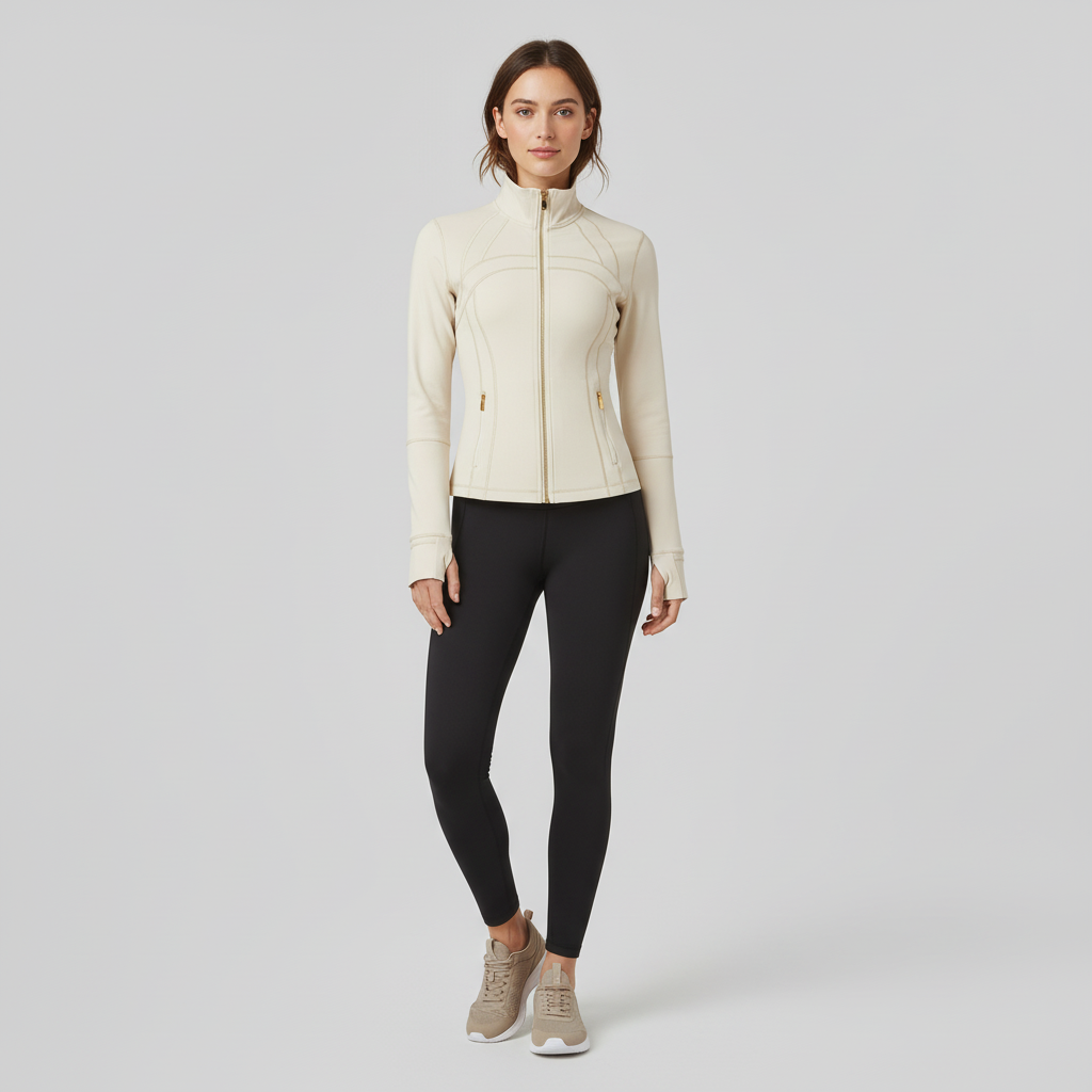 Woman in fitted quick-dry jacket with thumb holes, full zip closure, lightweight construction for layering
