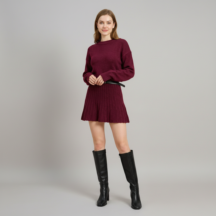 Burgundy Variant of Round Neck Knit Pullover Mini Skirt Set