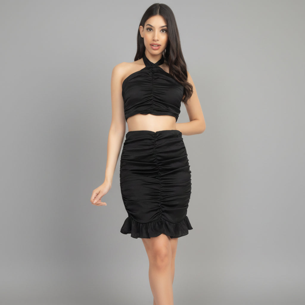 Lavender halter crop top and ruched mini skirt set with double-lined construction, styled on model in natural light
