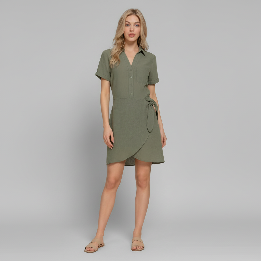 Woman in black button-down mini dress with side bow detail, linen-effect polyester, standing in natural light