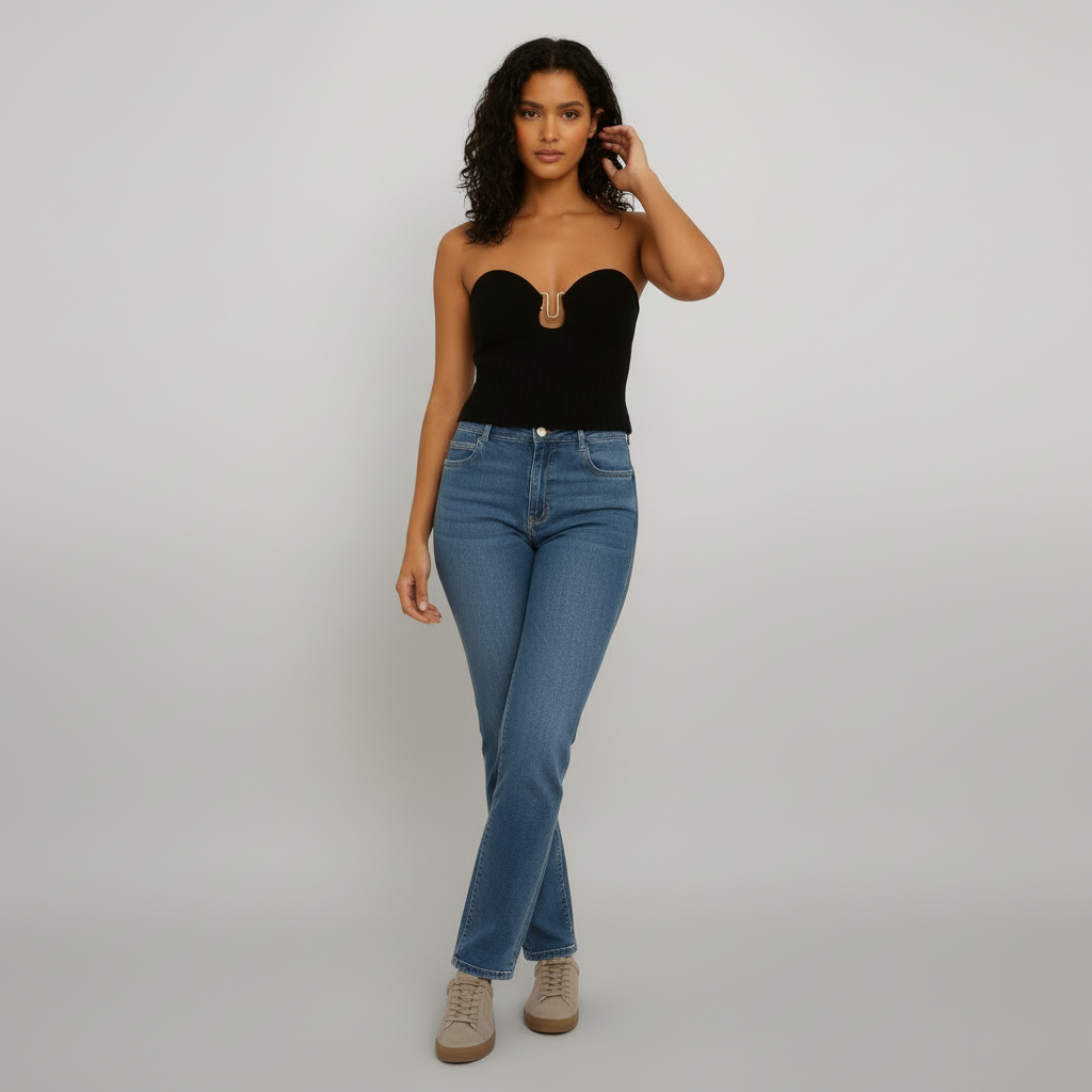 Model wearing beige strapless knit tube top with contoured fit and refined front detail