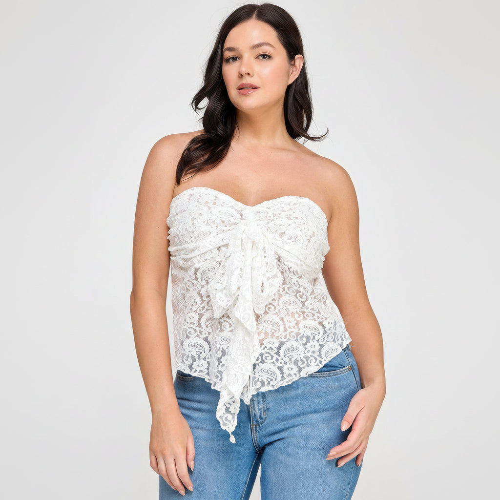Bow top summer 2026 — strapless stretch lace bow tie blouse in plus sizes