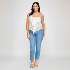 Women's bow top front-tie detail — Mavena & Co strapless lace top side view
