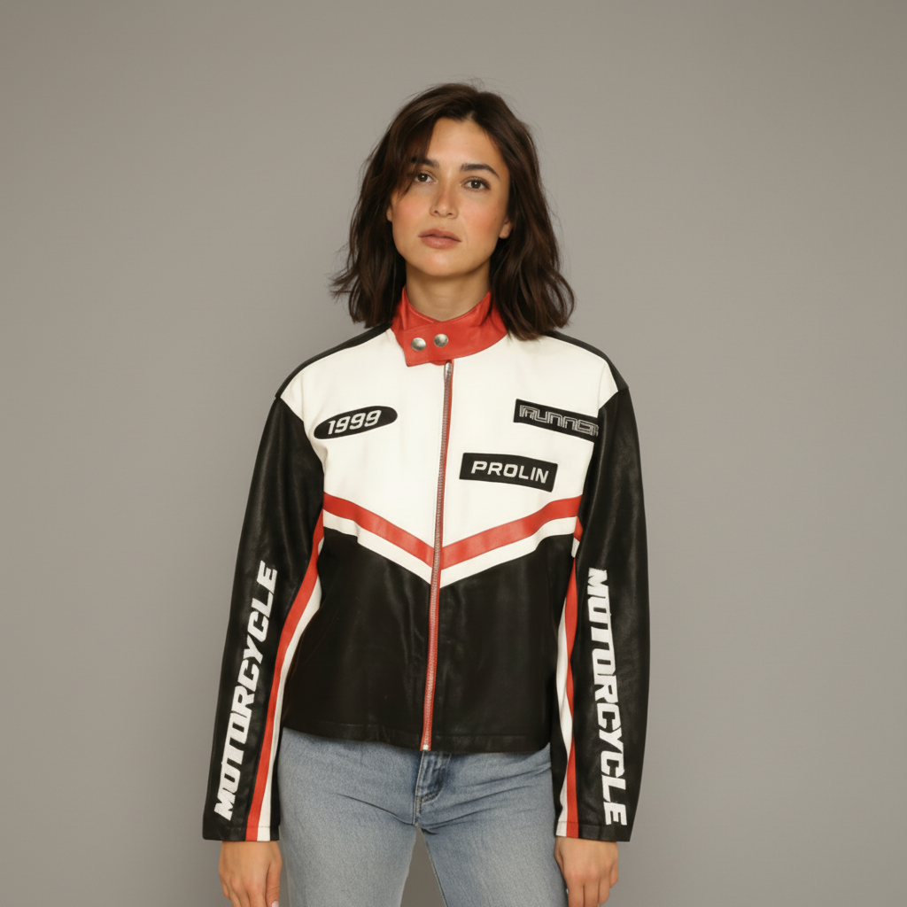 Woman wearing red PU leather moto jacket with streamlined fit and front zipper, Retro Motor Jacket by Mavena & Co