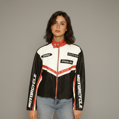 Woman wearing red PU leather moto jacket with streamlined fit and front zipper, Retro Motor Jacket by Mavena & Co