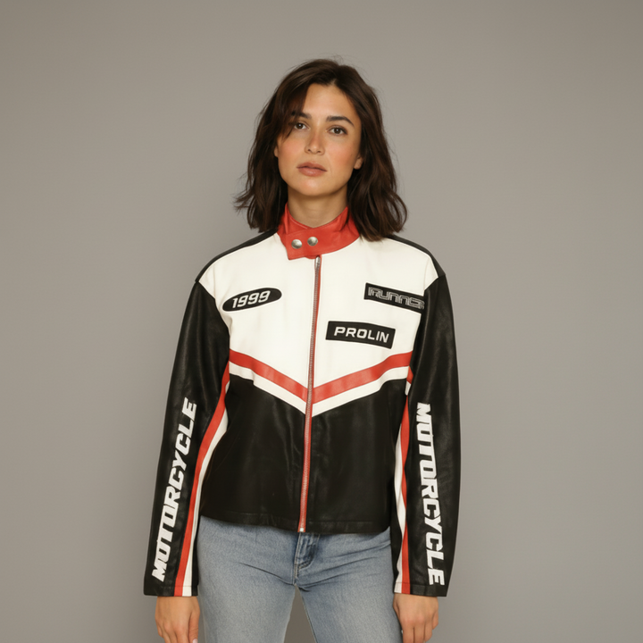 Woman wearing red PU leather moto jacket with streamlined fit and front zipper, Retro Motor Jacket by Mavena & Co