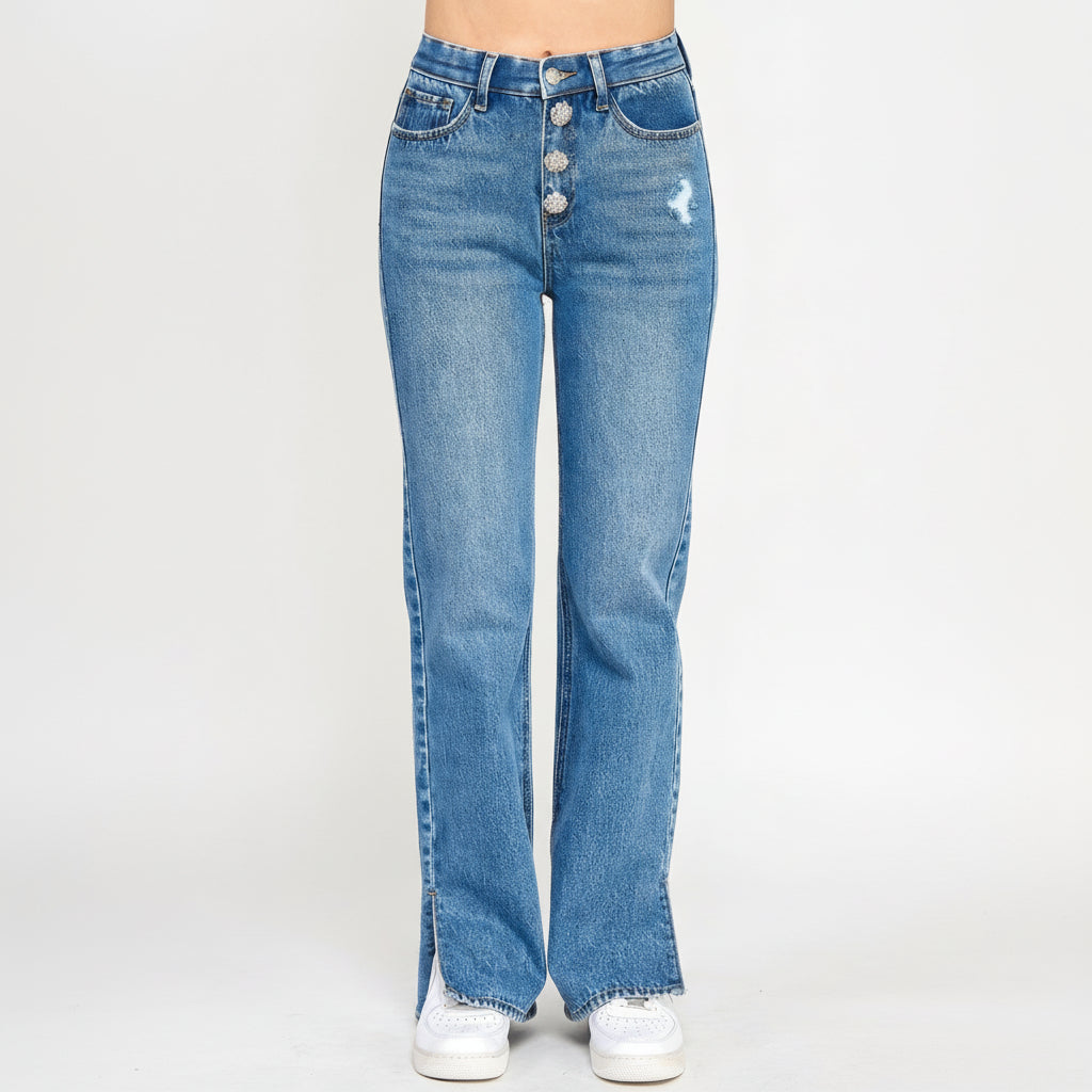 High rise straight leg jeans in denim with jewel button closure detail, plus size fit