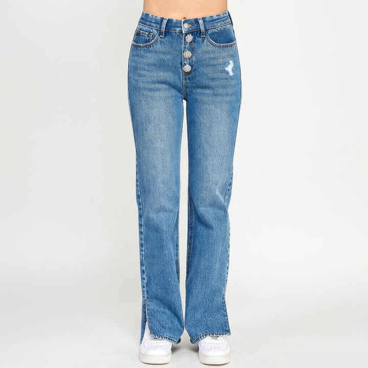 High rise straight leg jeans in denim with jewel button closure detail, plus size fit