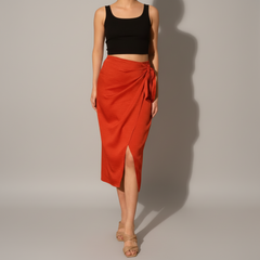 Washed Satin Crepe Side Wrap Midi Skirt - back view