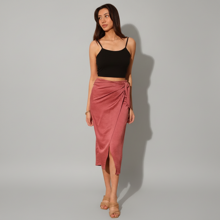 Washed Satin Crepe Side Wrap Midi Skirt - close-up