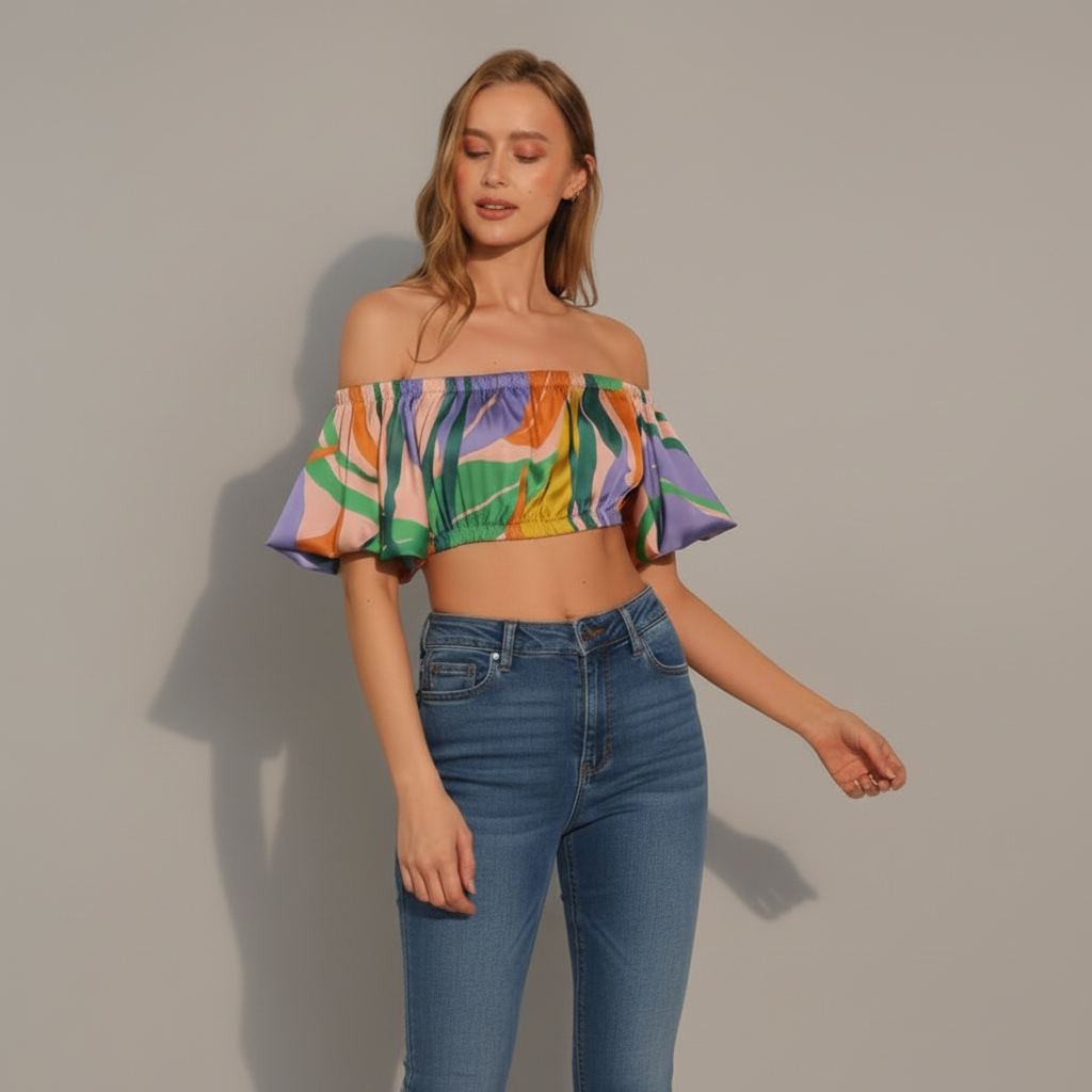 Tropical Satin Bubble Crop Top in vibrant print with voluminous sleeves and glossy polyester satin finish