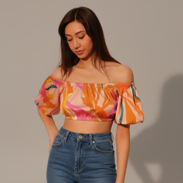 Tropical Satin Bubble Crop Top - close-up