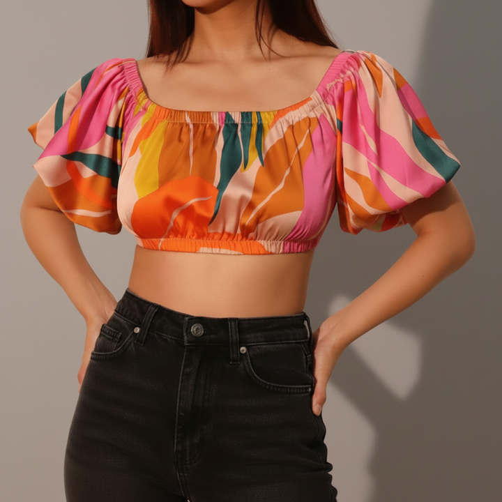 Tropical Satin Bubble Crop Top - styled look