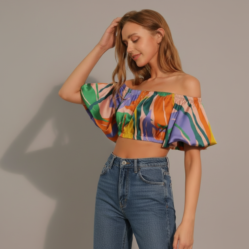 Tropical Satin Bubble Crop Top - side view