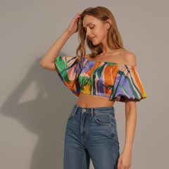 Tropical Satin Bubble Crop Top - side view