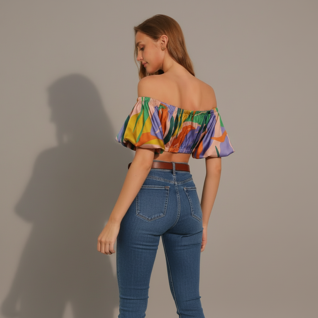 Tropical Satin Bubble Crop Top - back view