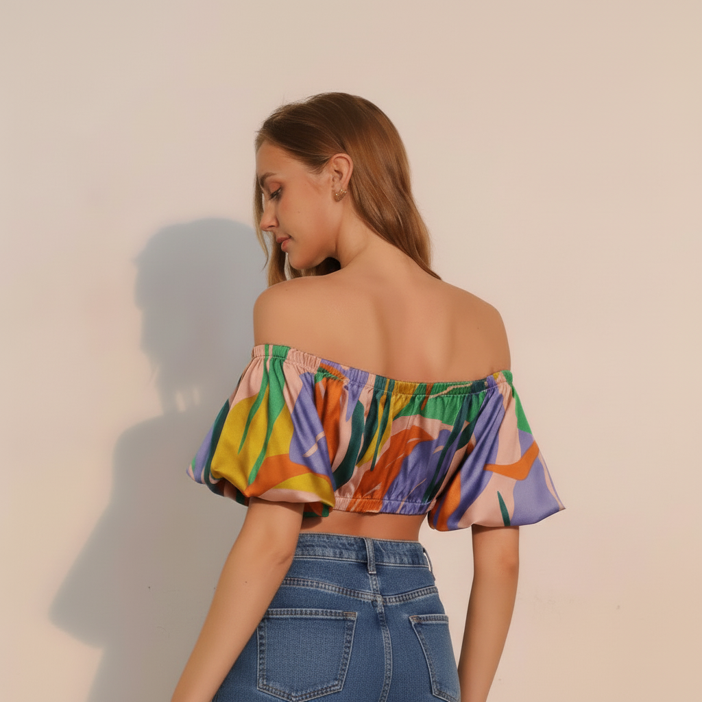 Tropical Satin Bubble Crop Top - detail view