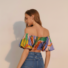 Tropical Satin Bubble Crop Top - detail view