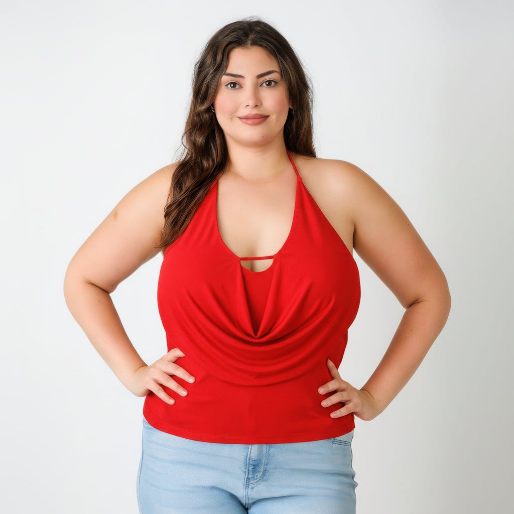 Brown halter cowl neck top with draped neckline and bar strap detail, stretch fabric, worn against neutral background