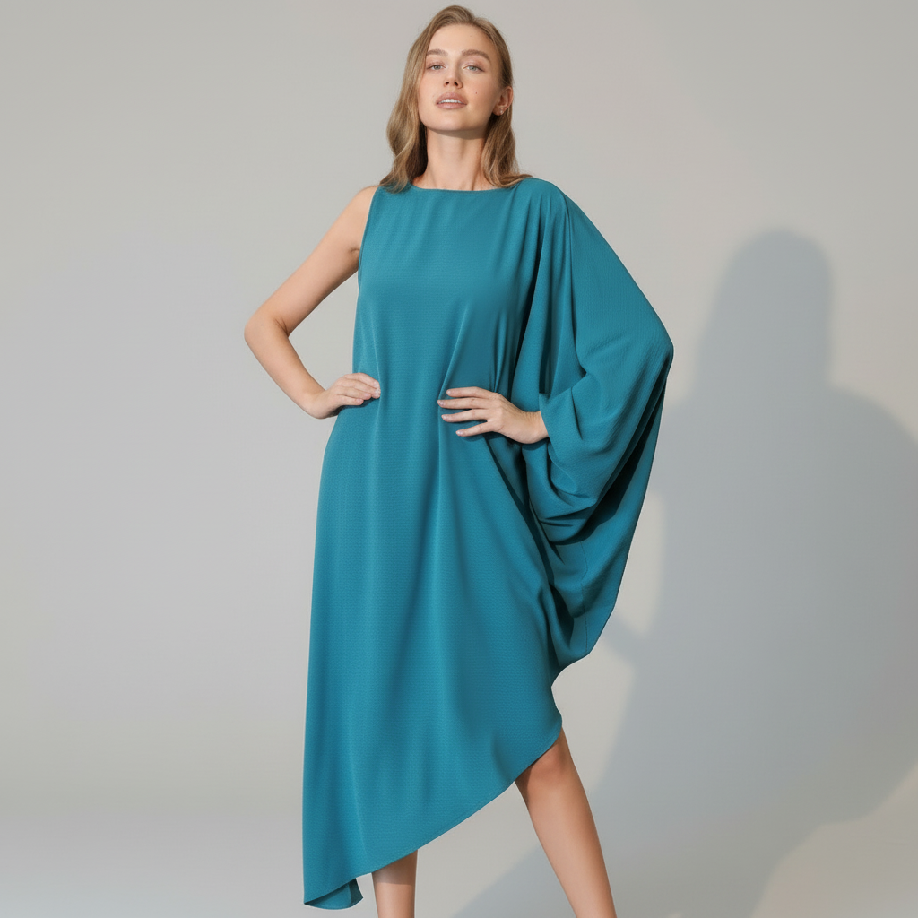 Black asymmetric one-sleeve dress in matte crepe fabric, structured silhouette, minimal design