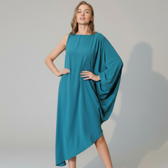 Black asymmetric one-sleeve dress in matte crepe fabric, structured silhouette, minimal design