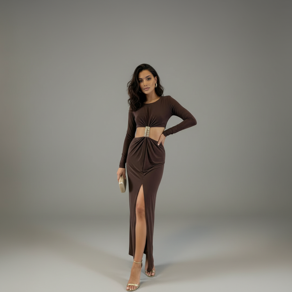 Brown mockneck maxi dress with long sleeves and front cut-out detail, smooth stretch-blend fabric, structured silhouette